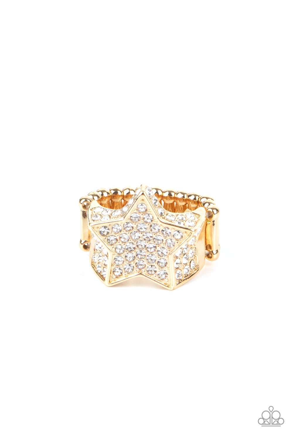 Here Come The Fireworks Gold Ring - Paparazzi Accessories Encrusted in glittery white rhinestones, a sparkly gold star joins with a thick band of blinding white rhinestones. The edges of the star are embellished in additional white rhinestones, creating a stellar centerpiece atop the finger. Features a stretchy band for a flexible fit. Sold as one individual ring.