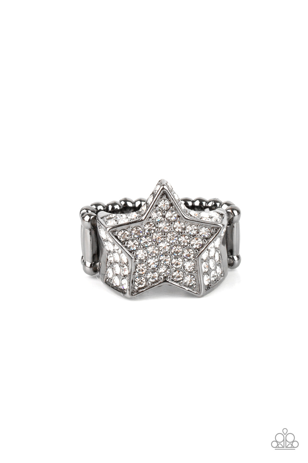 Here Come The Fireworks Black Ring - Paparazzi Accessories Encrusted in glittery white rhinestones, a sparkly gunmetal star joins with a thick band of blinding white rhinestones. The edges of the star are embellished in additional white rhinestones, creating a stellar centerpiece atop the finger. Features a stretchy band for a flexible fit. All Paparazzi Accessories are lead free and nickel free! Sold as one individual ring.