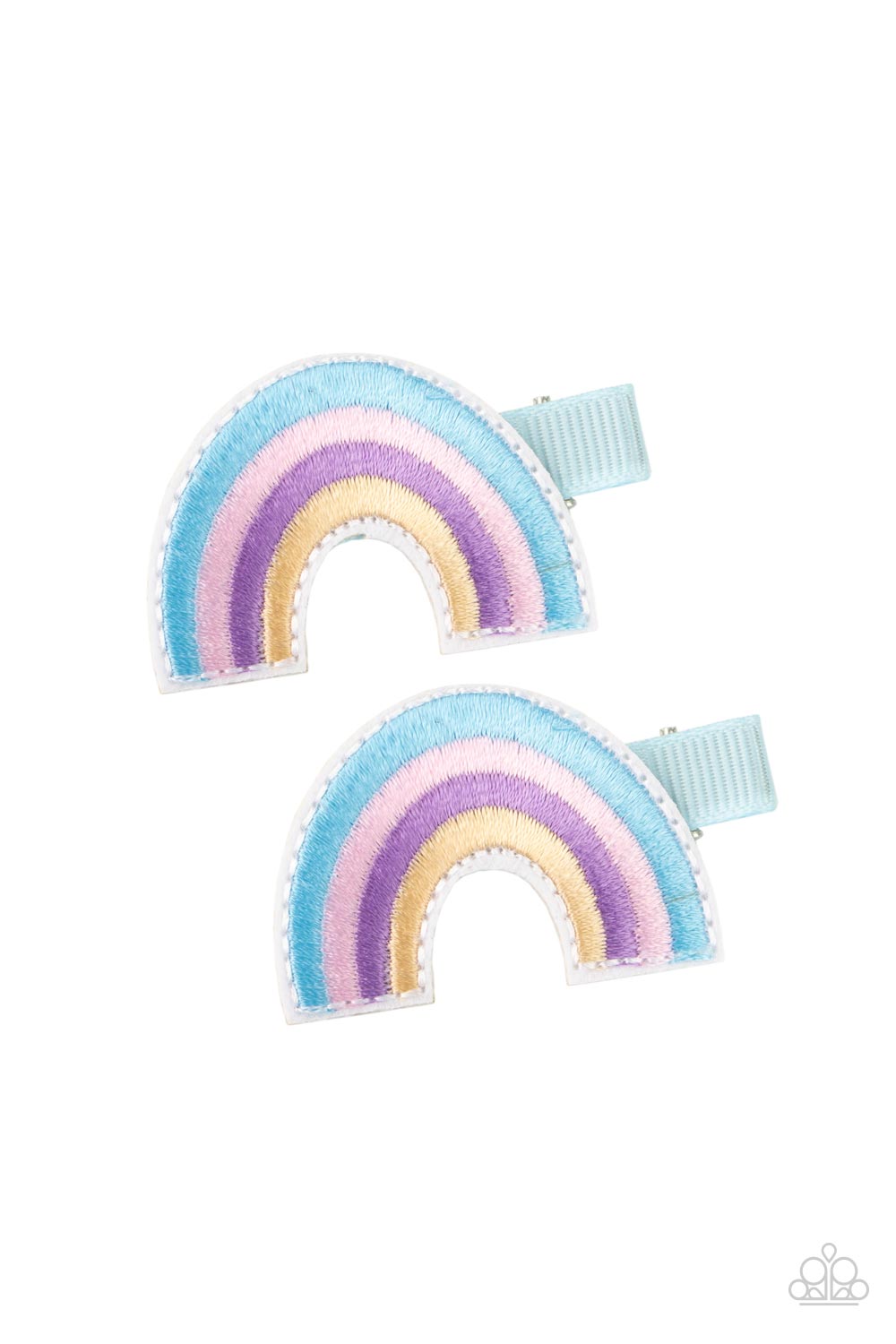 Follow Your Rainbow Blue Hair Clip - Paparazzi Accessories Blue, pink, purple, and golden threaded rows arc into a magical pair of rainbows. Each rainbow features a standard duck bill hair clip on the back. All Paparazzi Accessories are lead free and nickel free! Sold as one pair of hair clips.