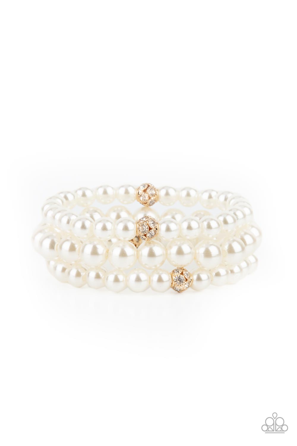 Here Comes The Heiress Gold Bracelet - Paparazzi Accessories Infused with white rhinestone encrusted gold beads, a bubbly collection of mismatched white pearls are threaded along stretchy bands around the wrist for a vintage inspired layered look. All Paparazzi Accessories are lead free and nickel free! Sold as one set of three bracelets.
