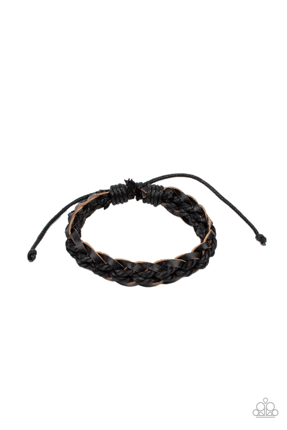 SoCal Scene Black Urban Bracelet - Paparazzi Accessories Black cording is woven through the center of braided black leather creating a trendy style around the wrist. Features an adjustable sliding knot closure. All Paparazzi Accessories are lead free and nickel free! Sold as one individual bracelet.