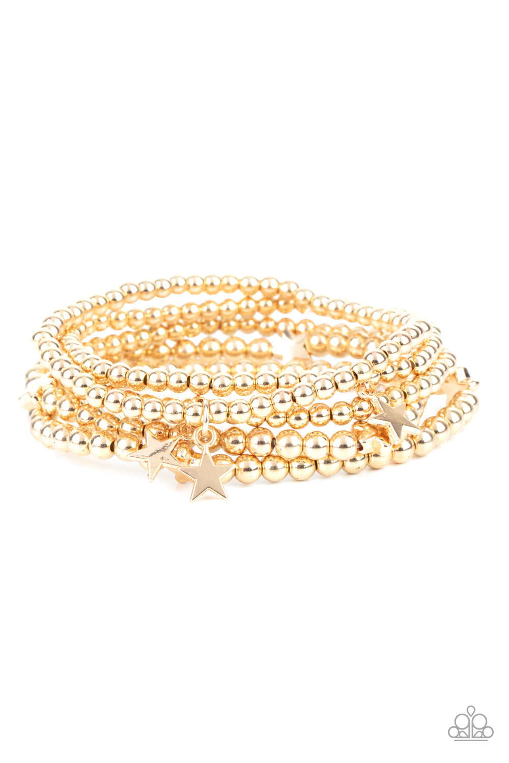 American All-Star Gold Bracelet - Paparazzi Accessories Infused with dainty gold star beads and shiny gold star charms, strands of gold beaded stretchy bands stack across the wrist, creating a patriotic shimmer. All Paparazzi Accessories are lead free and nickel free! Sold as one set of five bracelets.