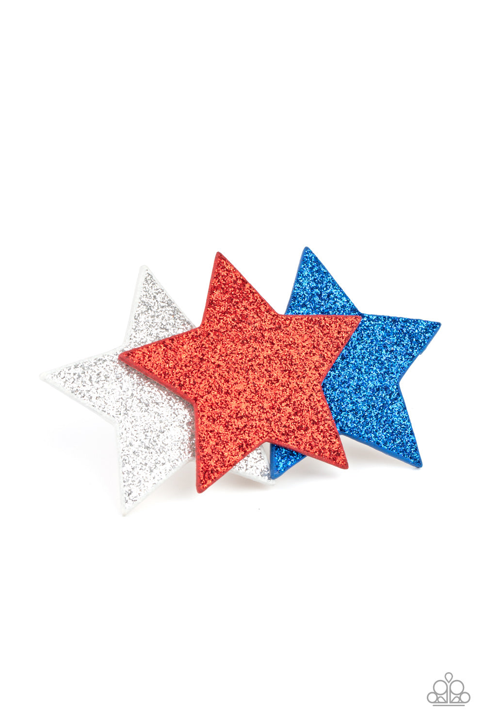 Happy Birthday, America Multi Hair Clip - Paparazzi Accessories Dusted in glittery sparkles, dazzling red, silver, and blue leather stars delicately overlap into a stellar centerpiece for a sparkly patriotic finish. Features a standard hair clip on the back. Sold as one individual hair clip.