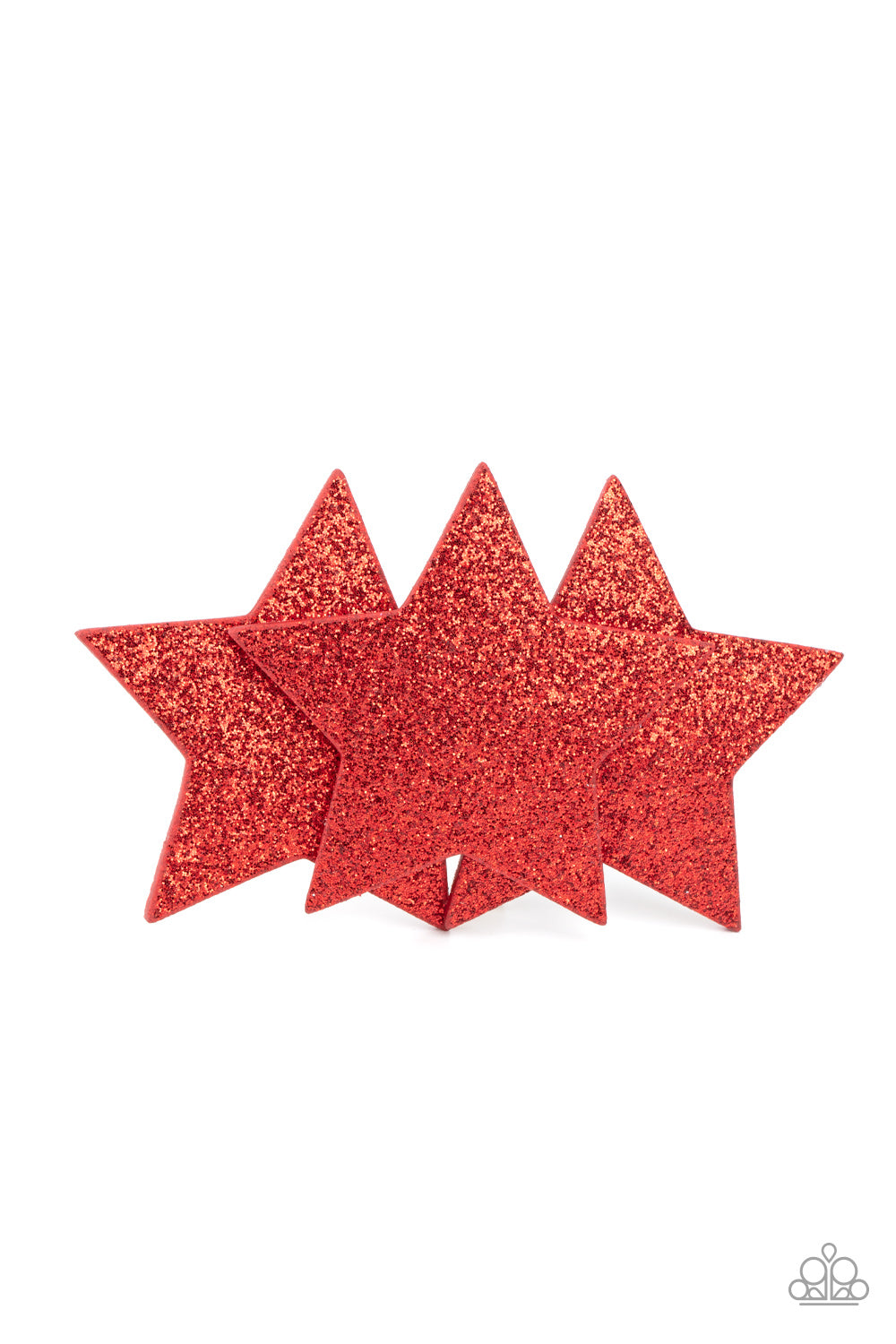 Happy Birthday, America Red Hair Clip - Paparazzi Accessories Dusted in glittery sparkles, dazzling red leather stars delicately overlap into a stellar centerpiece for a sparkly patriotic finish. Features a standard hair clip on the back. Sold as one individual hair clip.