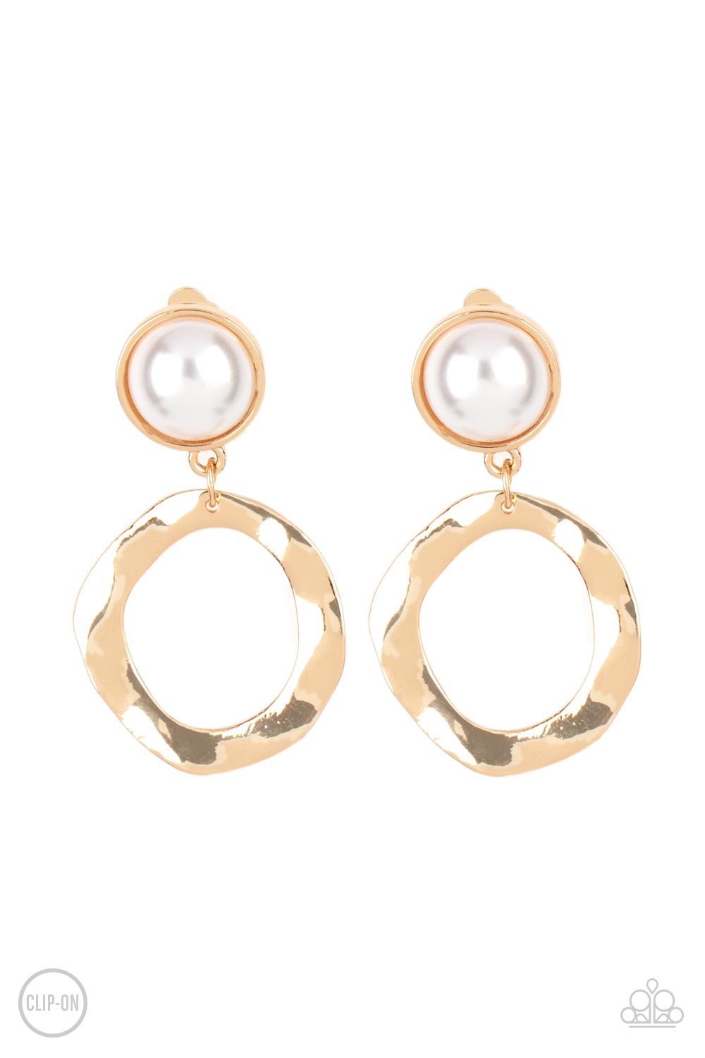 Vintage Veracity Gold Clip-On Earring - Paparazzi Accessories Delicately hammered in light-catching shimmer, an asymmetrical gold hoop swings from the bottom of an oversized pearl-drop fitting for a vintage flair. Earring attaches to a standard clip-on fitting. Sold as one pair of clip-on earrings.