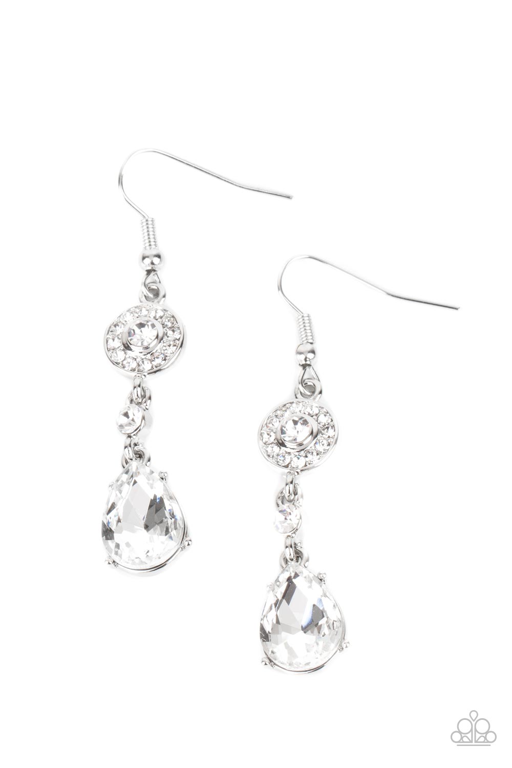 Graceful Glimmer White Earring - Paparazzi Accessories A silver frame dotted in glassy white rhinestones, a solitaire white rhinestone, and an oversized white teardrop gem delicately link into a graceful lure. Earring attaches to a standard fishhook fitting. All Paparazzi Accessories are lead free and nickel free! Sold as one pair of earrings.