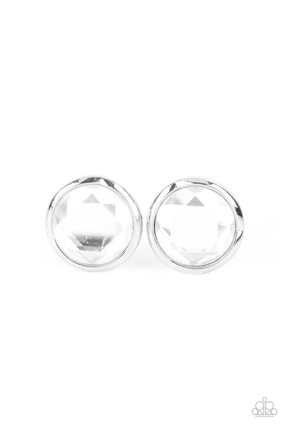 Double-Take Twinkle White Post Earring - Paparazzi Accessories Featuring a flashy faceted finish, an oversized white gem is pressed into a sleek silver fitting for a dramatic pop of dazzle. Earring attaches to a standard post fitting. All Paparazzi Accessories are lead free and nickel free! Sold as one pair of post earrings.