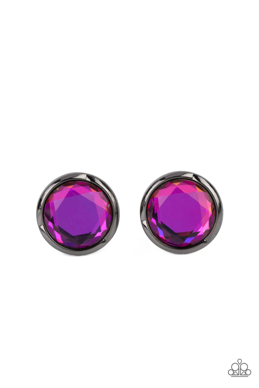 Double-Take Twinkle Oil Spill Post Earring - Paparazzi Accessories Featuring a flashy faceted finish, an oversized oil spill gem is pressed into a sleek gunmetal fitting for a dramatic pop of dazzle. Earring attaches to a standard post fitting. Sold as one pair of post earrings.