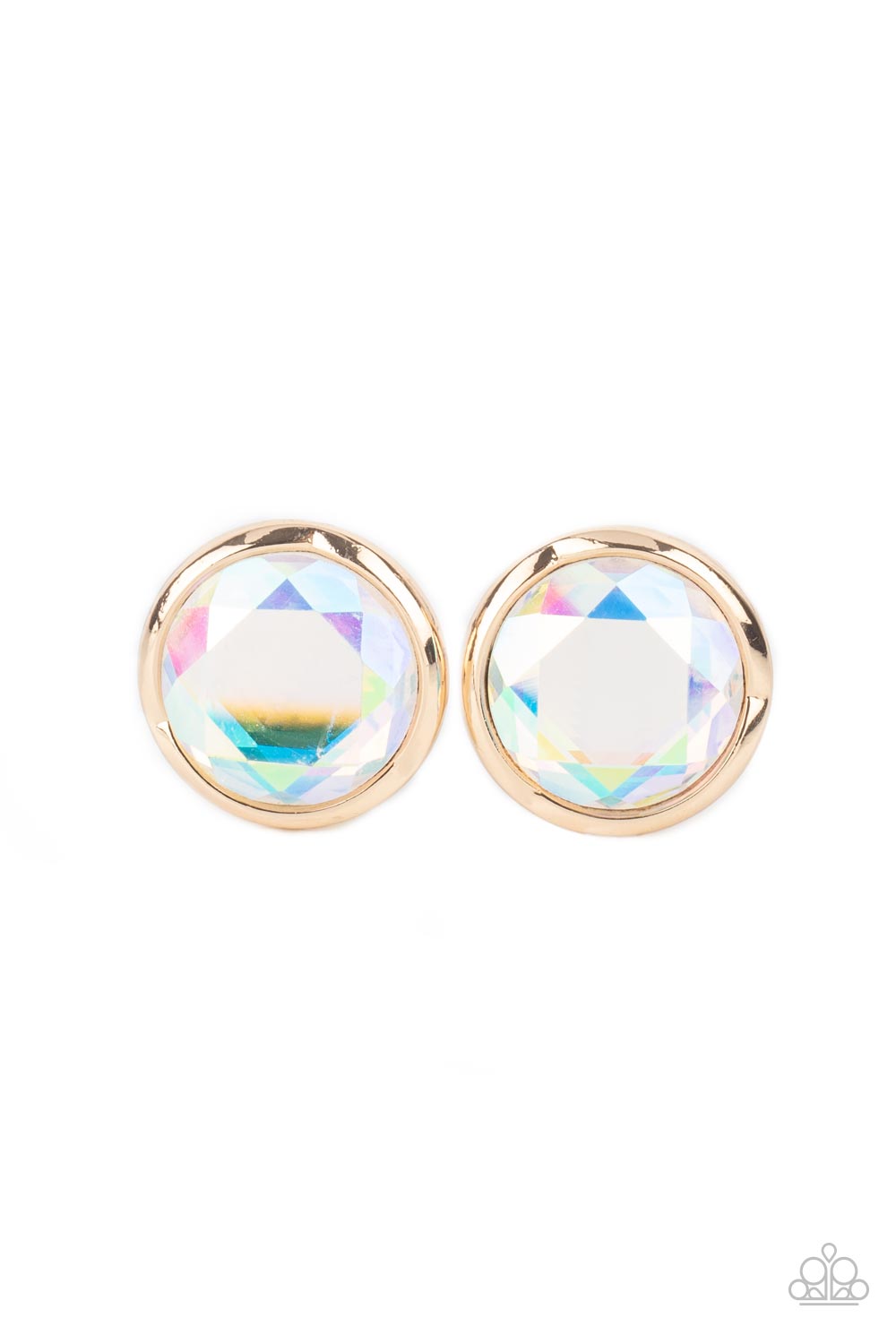 Double-Take Twinkle Gold Post Earring - Paparazzi Accessories Featuring a flashy faceted finish, an oversized iridescent gem is pressed into a sleek gold fitting for a dramatic pop of dazzle. Earring attaches to a standard post fitting. Sold as one pair of post earrings.