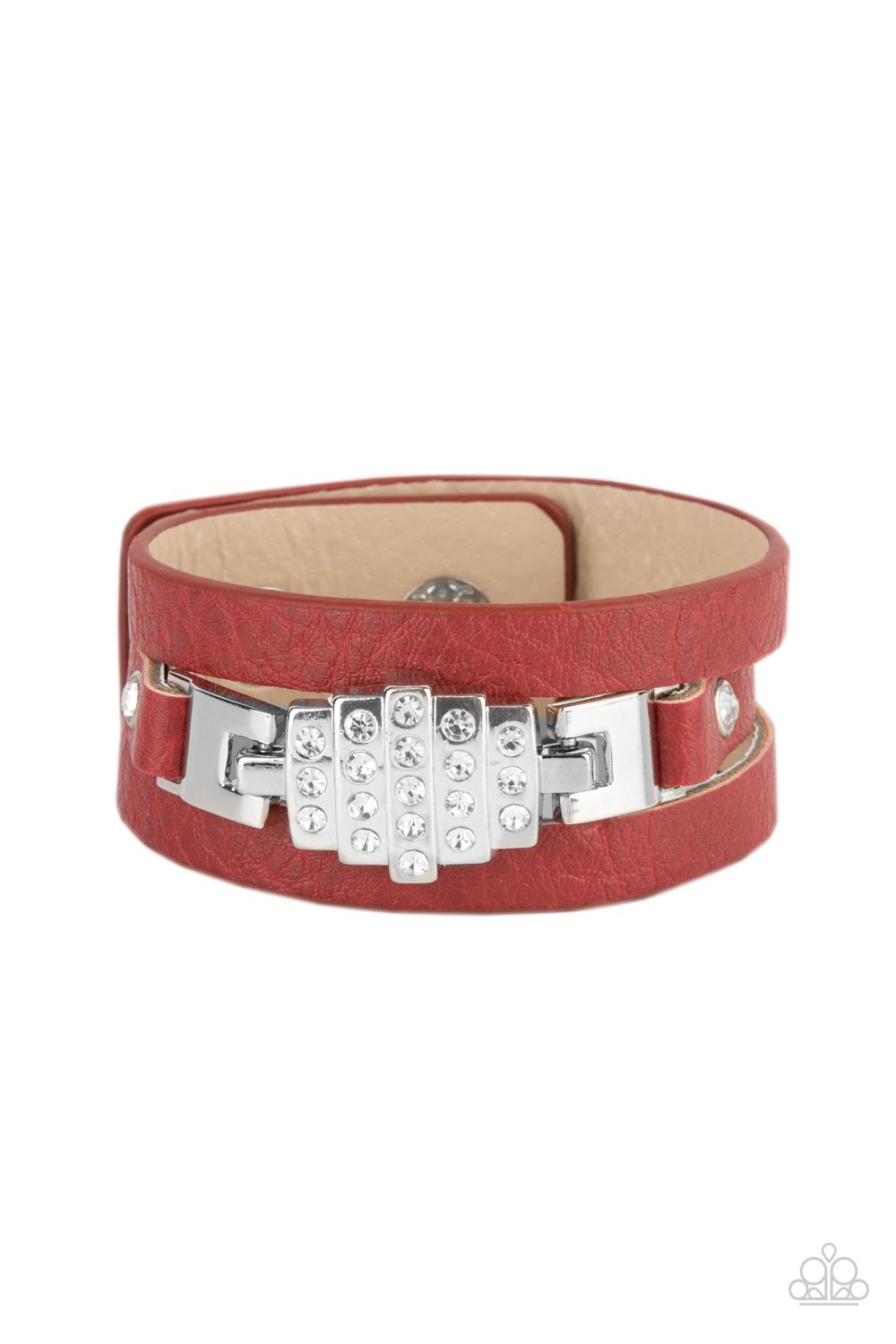 Ultra Urban Red Wrap Bracelet - Paparazzi Accessories A white rhinestone silver centerpiece is studded in place by white rhinestone encrusted silver studs across the spliced center of a red leather band, creating a glittery urban look around the wrist. Features an adjustable snap closure. Sold as one individual bracelet.