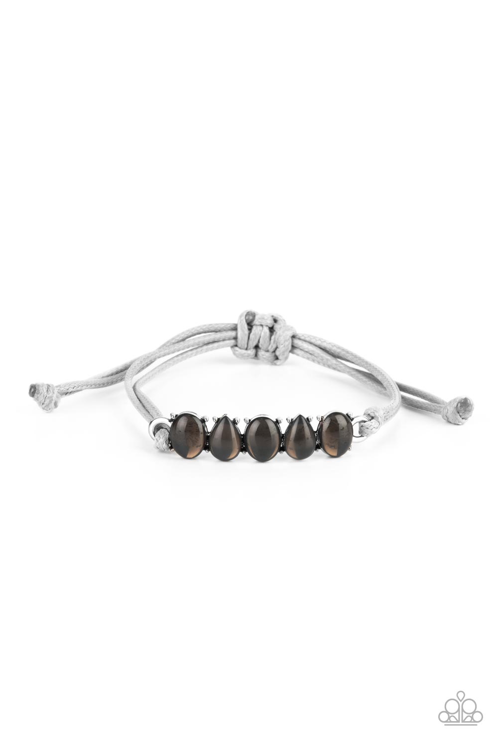 Opal Paradise Silver Bracelet - Paparazzi Accessories Featuring silver pronged fittings, a row of oval and teardrop opal silver beads delicately connects into a solitaire frame. The ethereal centerpiece is knotted in place with rows of shiny gray cording, creating a whimsically urban display around the wrist. Features an adjustable sliding knot closure. All Paparazzi Accessories are lead free and nickel free! Sold as one individual bracelet.
