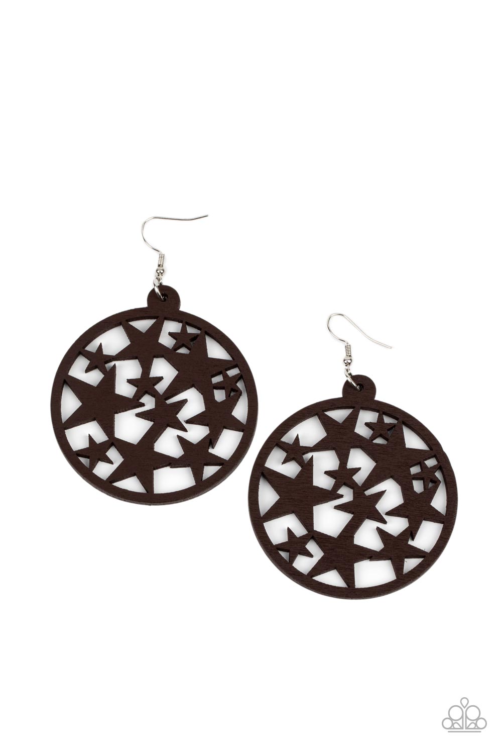 Cosmic Paradise Brown Wooden Earring - Paparazzi Accessories An oversized round brown wooden frame is filled with a cosmos of cut-out brown stars creating a whimsical statement. Earring attaches to a standard fishhook fitting. Sold as one pair of earrings.