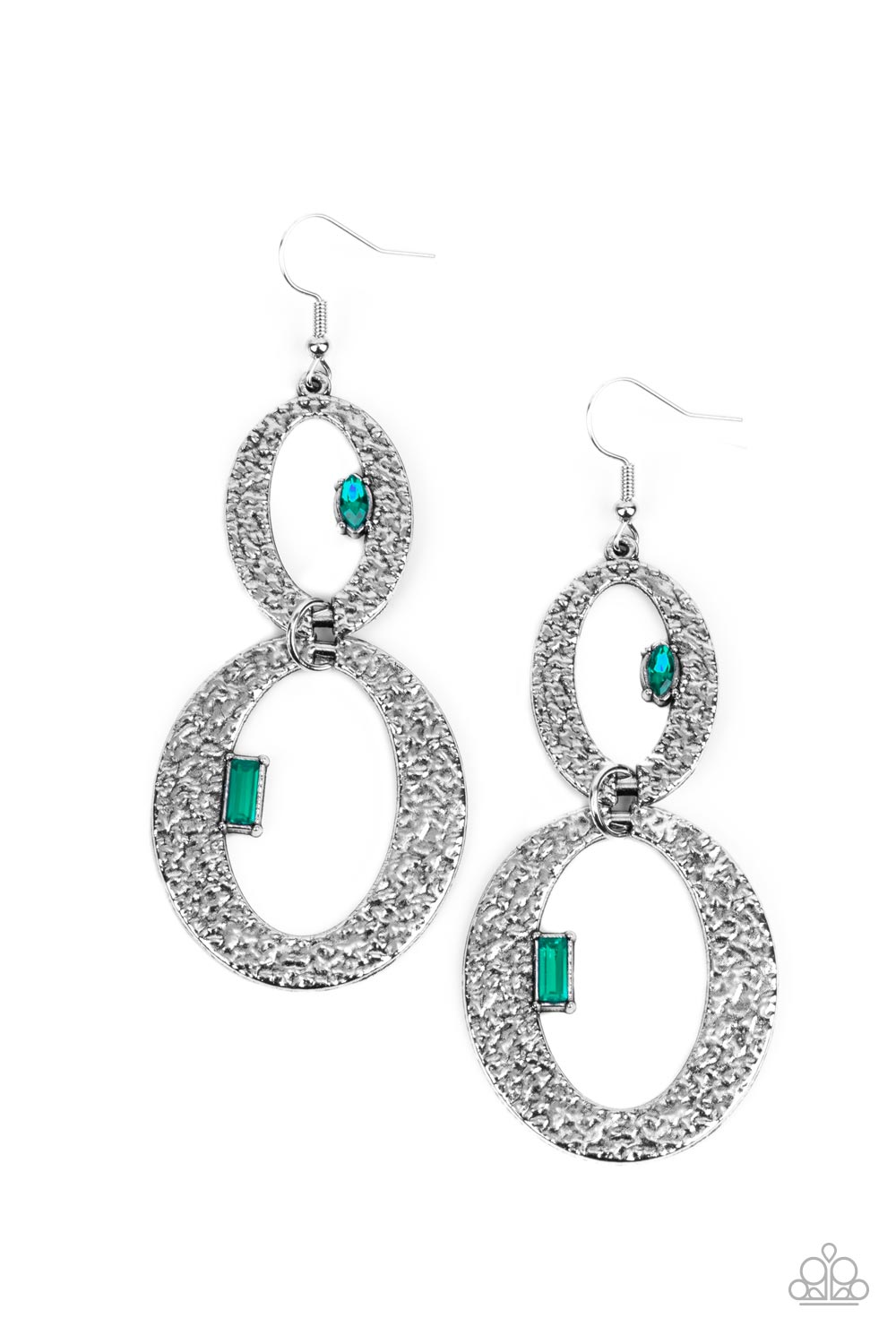 OVAL and OVAL Again Green Earring - Paparazzi Accessories Infused with edgy marquise and emerald cut green rhinestones, hammered flat silver ovals delicately link into a gritty glamorous lure. Earring attaches to a standard fishhook fitting. All Paparazzi Accessories are lead free and nickel free! Sold as one pair of earrings.