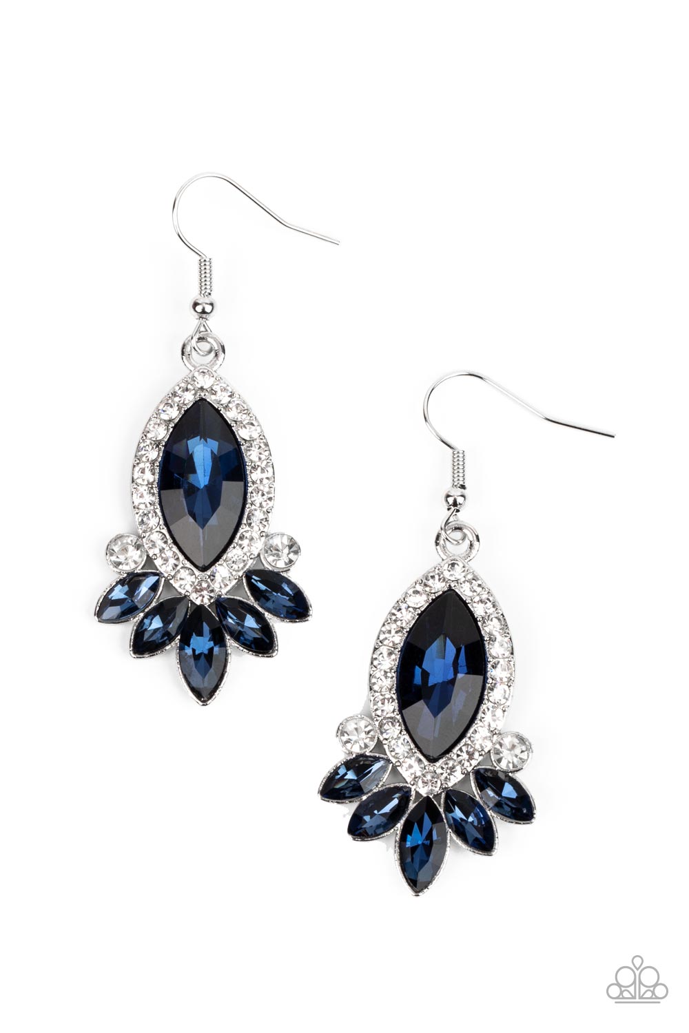 Prismatic Parade Blue Earring - Paparazzi Accessories Bordered in glassy white rhinestones, an oversized blue gem gives way to a dazzling blue fringe of marquise cut rhinestones for a fabulous finish. Earring attaches to a standard fishhook fitting. All Paparazzi Accessories are lead free and nickel free! Sold as one pair of earrings.