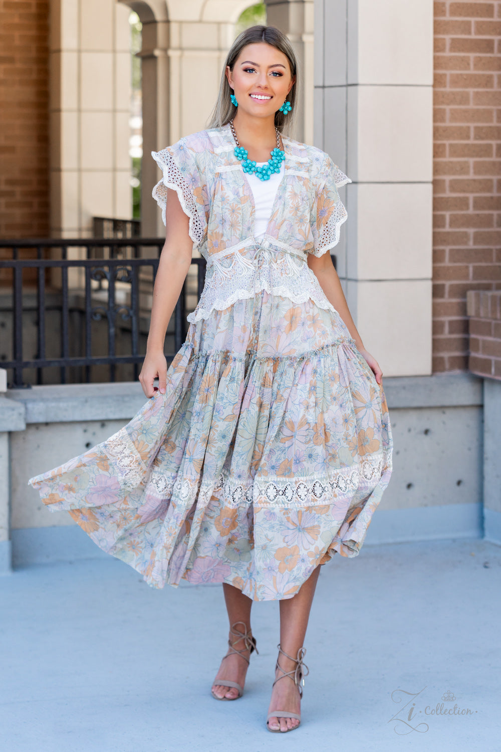 Genuine 2021 Zi Collection Necklace - Paparazzi Accessories Dainty silver wire delicately wraps around earthy turquoise stone teardrop petals that beautifully layer into bountiful blossoms. Featuring turquoise stone beaded centers, the harmonious stone flowers gracefully connect to a substantial silver chain for an authentically artisan look below the collar. Features an adjustable clasp closure. Sold as one individual necklace. Includes one pair of matching earrings.