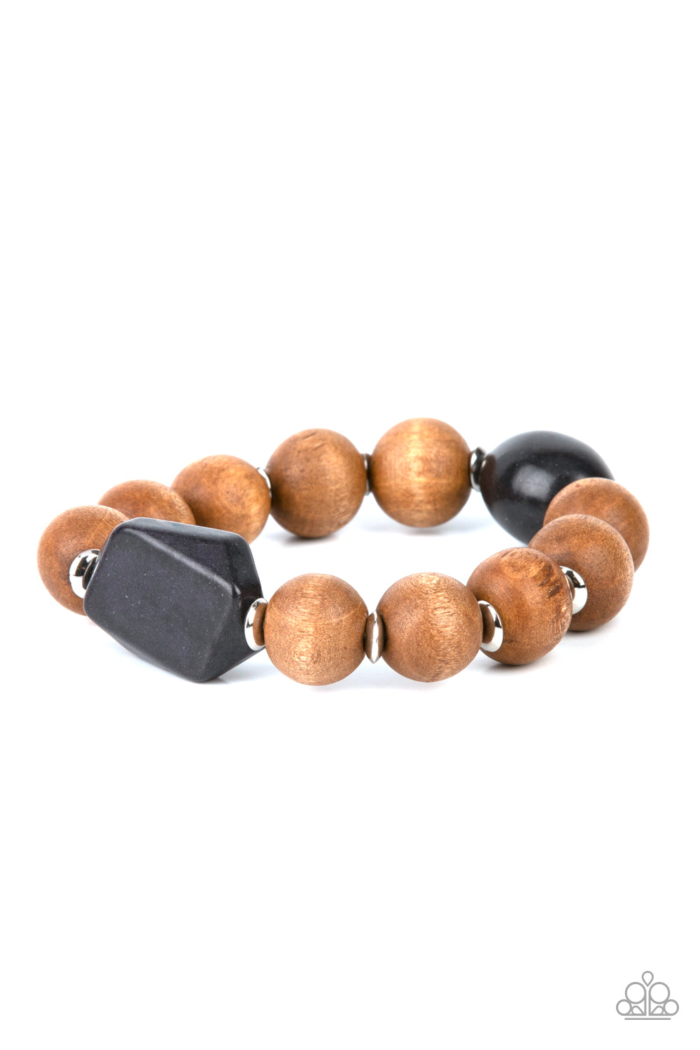 Abundantly Artisan Black Wooden Bracelet - Paparazzi Accessories Oversized brown wooden beads and mismatched black stone accents are separated by dainty silver discs and threaded along a stretchy band, creating an earthy centerpiece around the wrist. All Paparazzi Accessories are lead free and nickel free! Sold as one individual bracelet.
