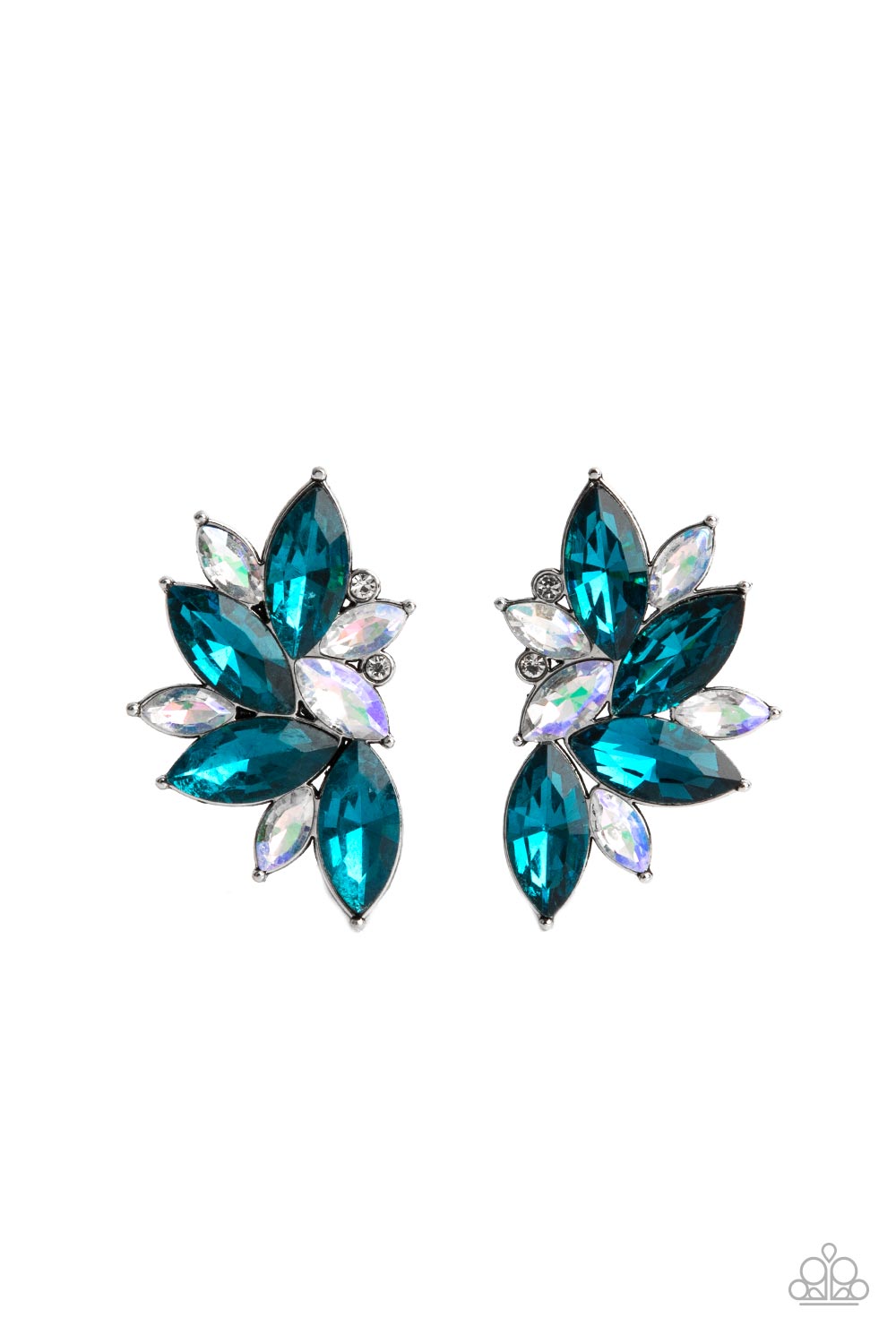 Instant Iridescence Blue Earring - Paparazzi Accessories Infused with dainty white rhinestones, a stellar display of blue and iridescent marquise cut rhinestones fan out into a spectacular centerpiece. Earring attaches to a standard post fitting. Sold as one pair of post earrings.