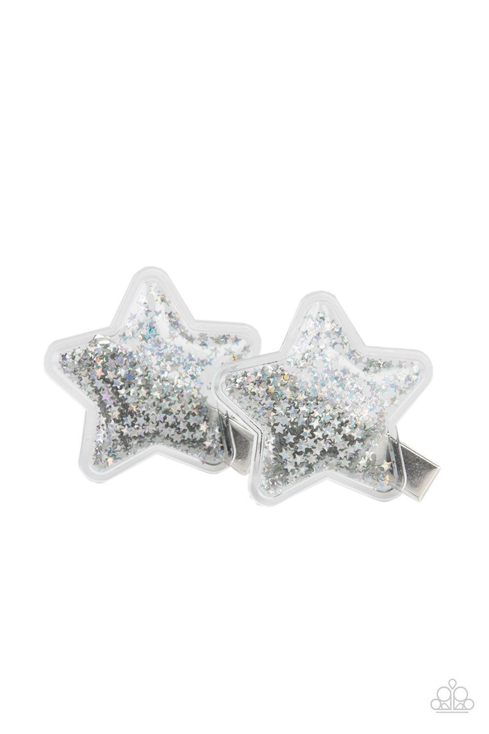 Stellar-ista Silver Hair Clip - Paparazzi Accessories Sparkly silver star sequins are encased inside air filled plastic-like star frames, creating a stellar pair. Features standard hair clips on the back. All Paparazzi Accessories are lead free and nickel free! Sold as one pair of hair clips.