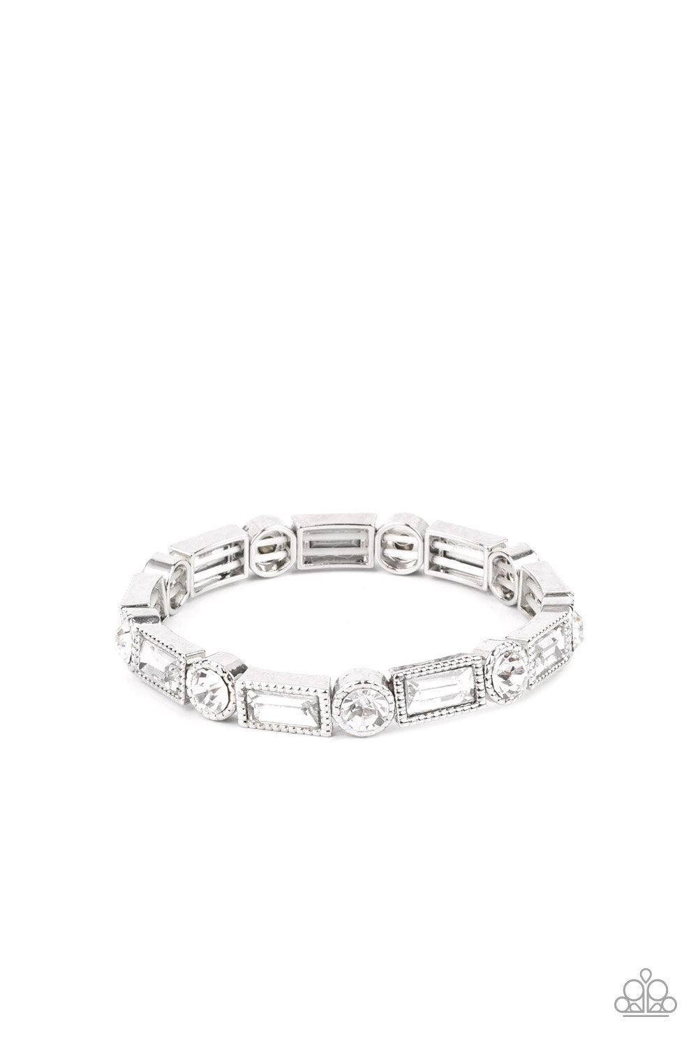 Classic Couture White Bracelet - Paparazzi Accessories Classic round and baguette-cut rhinestones set in shiny dotted silver frames alternate around the wrist on stretchy bands for a shimmering finish. Sold as one individual bracelet.