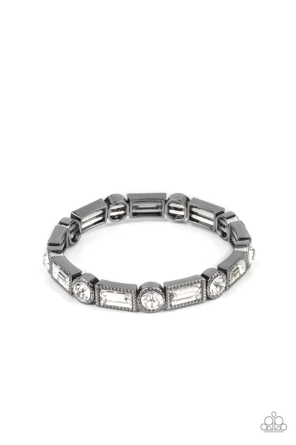 Classic Couture Black Bracelet - Paparazzi Accessories Classic round and baguette-cut rhinestones set in shiny dotted gunmetal frames alternate around the wrist on stretchy bands for a shimmering finish. Sold as one bracelet.