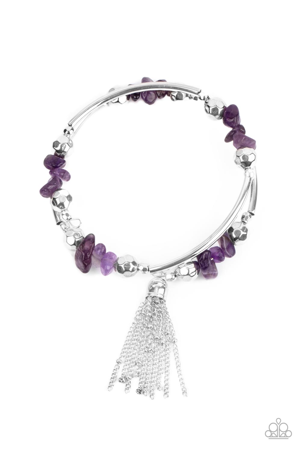 Mineral Mosaic Purple Coil Bracelet - Paparazzi Accessories Infused with a shimmery silver chain tassel, an earthy collection of faceted silver beads, raw cut amethyst stone beads, and cylindrical silver accents are threaded along a coiled wire around the wrist for a grounding pop of color. All Paparazzi Accessories are lead free and nickel free! Sold as one individual bracelet.
