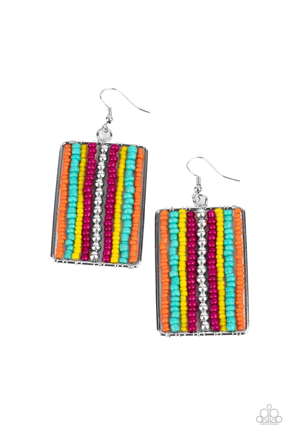 Beadwork Wonder Multi Seed Bead Earring - Paparazzi Accessories Infused with classic silver beads, rows of orange, turquoise, yellow, and pink seed beads are threaded along metal rods inside a rectangular frame for a colorful artisan inspired look. Earring attaches to a standard fishhook fitting. Sold as one pair of earrings.