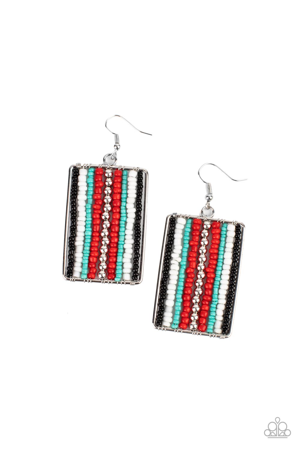 Beadwork Wonder Red Earring - Paparazzi Accessories Infused with classic silver beads, rows of black, white, blue, and red seed beads are threaded along metal rods inside a rectangular frame for a colorful artisan inspired look. Earring attaches to a standard fishhook fitting. Sold as one pair of earrings.