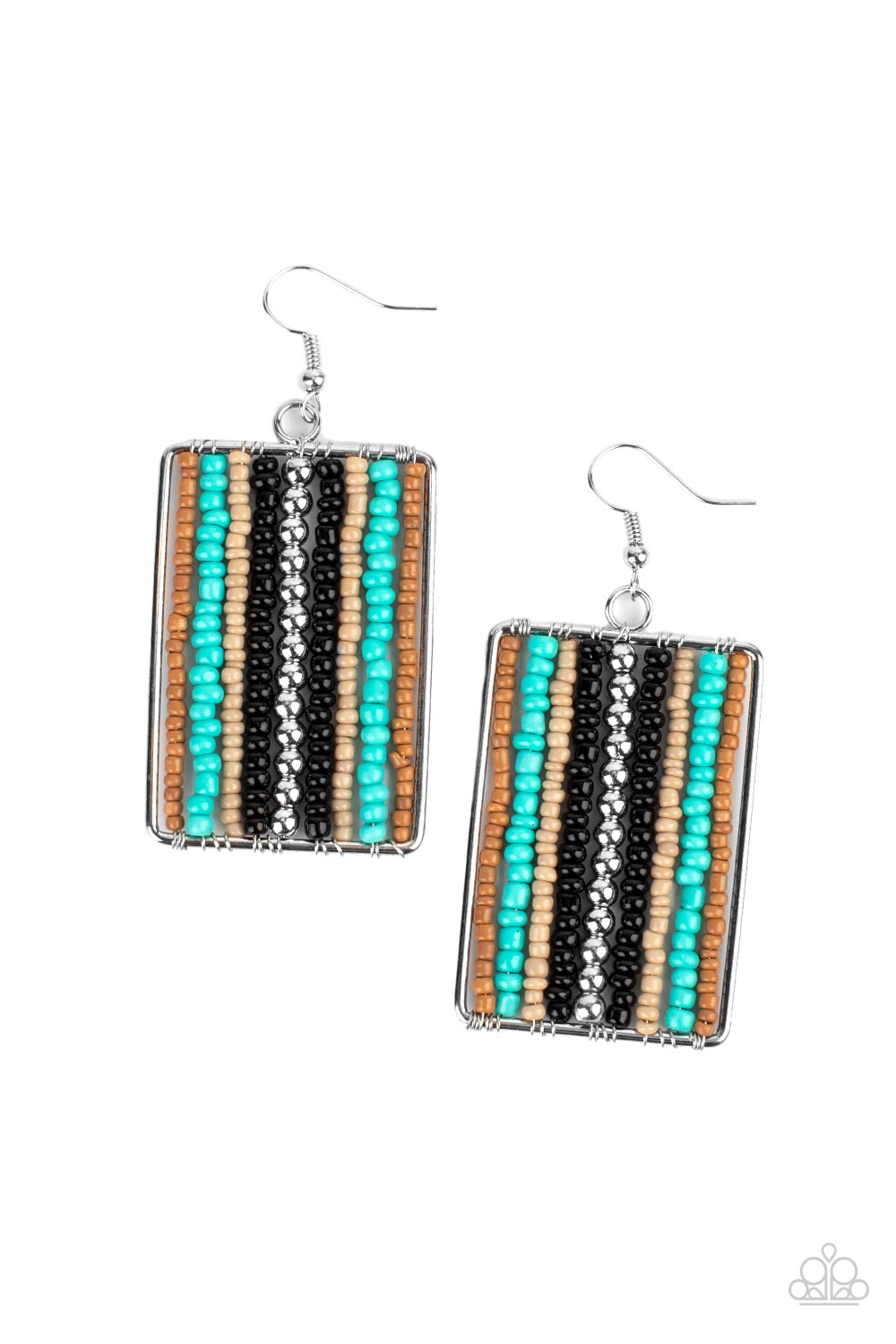 Beadwork Wonder Black Seed Bead Earring - Paparazzi Accessories Infused with classic silver beads, rows of brown, turquoise, tan, and black seed beads are threaded along metal rods inside a rectangular frame for a colorful artisan inspired look. Earring attaches to a standard fishhook fitting. Sold as one pair of earrings.