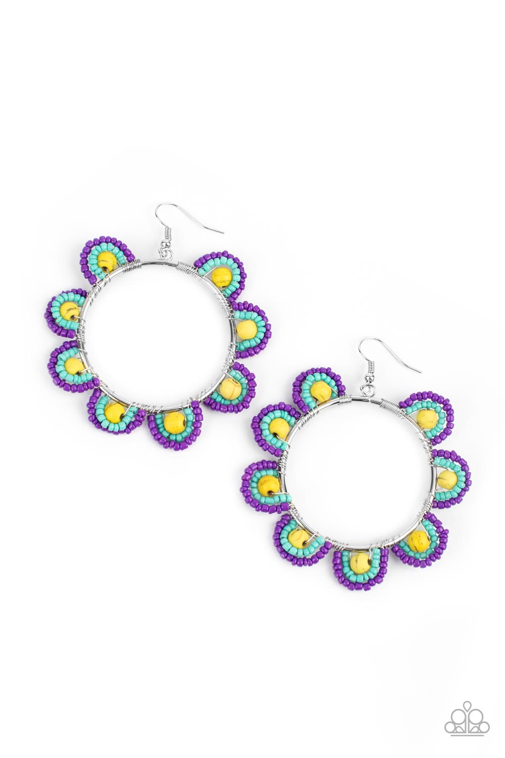 Groovy Gardens Yellow Earring - Paparazzi Accessories Infused with sunny yellow stone bead centers, rows of purple and turquoise seed beads are threaded along dainty wires along the outside of a shiny silver hoop for a vivacious floral look. Earring attaches to a standard fishhook fitting. Sold as one pair of earrings.