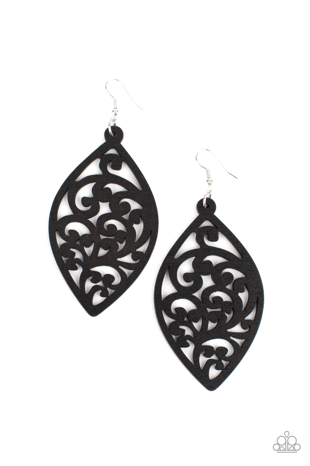 Coral Garden Black Wooden Earring - Paparazzi Accessories Painted in a shiny black finish, a floral motif permeates an airy oval wooden frame creating a tropical-inspired lure. Earring attaches to a standard fishhook fitting. Sold as one pair of earrings.