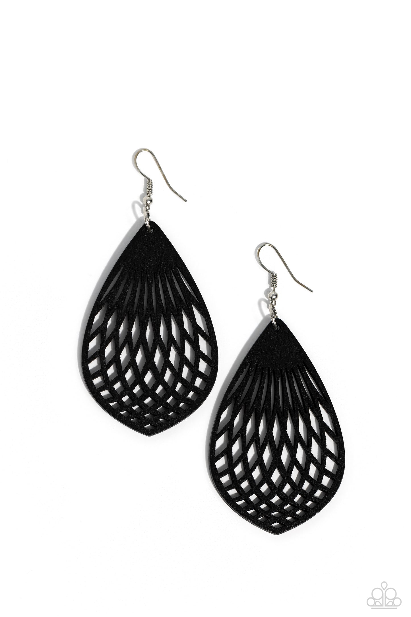 Caribbean Coral Black Wooden Earring - Paparazzi Accessories Painted in a shiny black finish, an airy teardrop wooden frame features a geometric cut-out design resulting in a whimsically modern lure. Earring attaches to a standard fishhook fitting. Sold as one pair of earrings. P5SE-BKXX-268XX