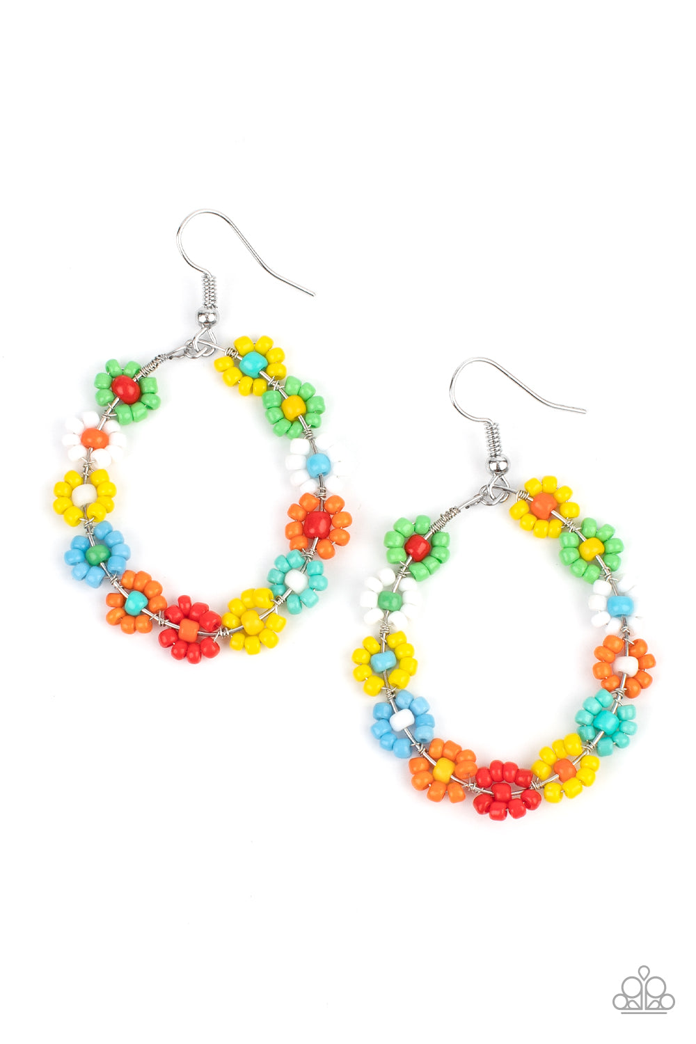 Festively Flower Child Multi Earring - Paparazzi Accessories Dotted with mismatched multicolored beaded centers, a dainty collection of multicolored seed beaded floral frames are threaded along a wire hoop for a fabulous floral fashion. Earring attaches to a standard fishhook fitting. All Paparazzi Accessories are lead free and nickel free! Sold as one pair of earrings.