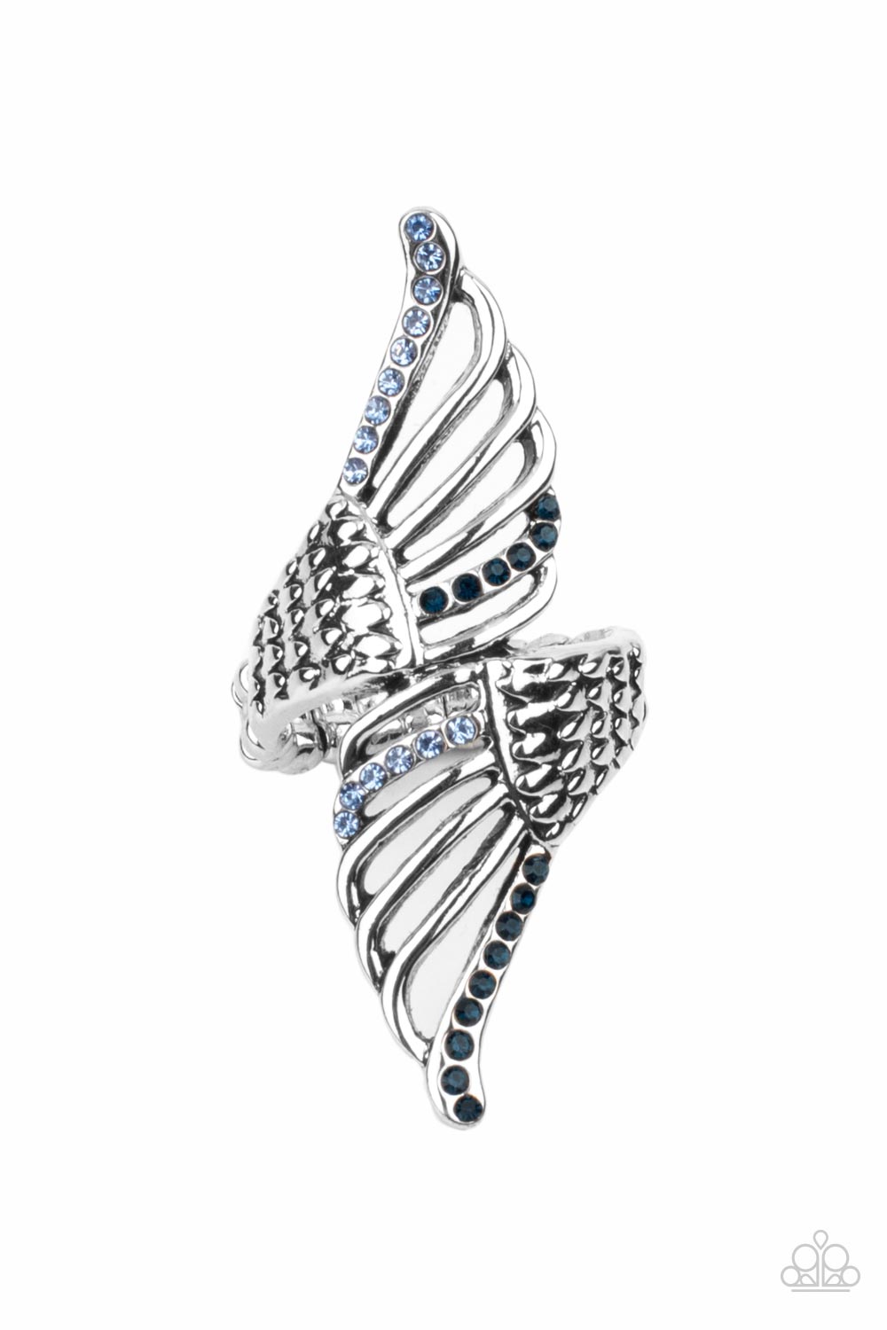 Angels Among Us Blue Ring - Paparazzi Accessories Featuring lifelike feathery detail, two airy silver wings delicately wrap around the finger. Rows of dainty blue rhinestones adorn the winged accents, adding a celestial shimmer to the angelic centerpiece. Features a stretchy band for a flexible fit. Sold as one individual ring.