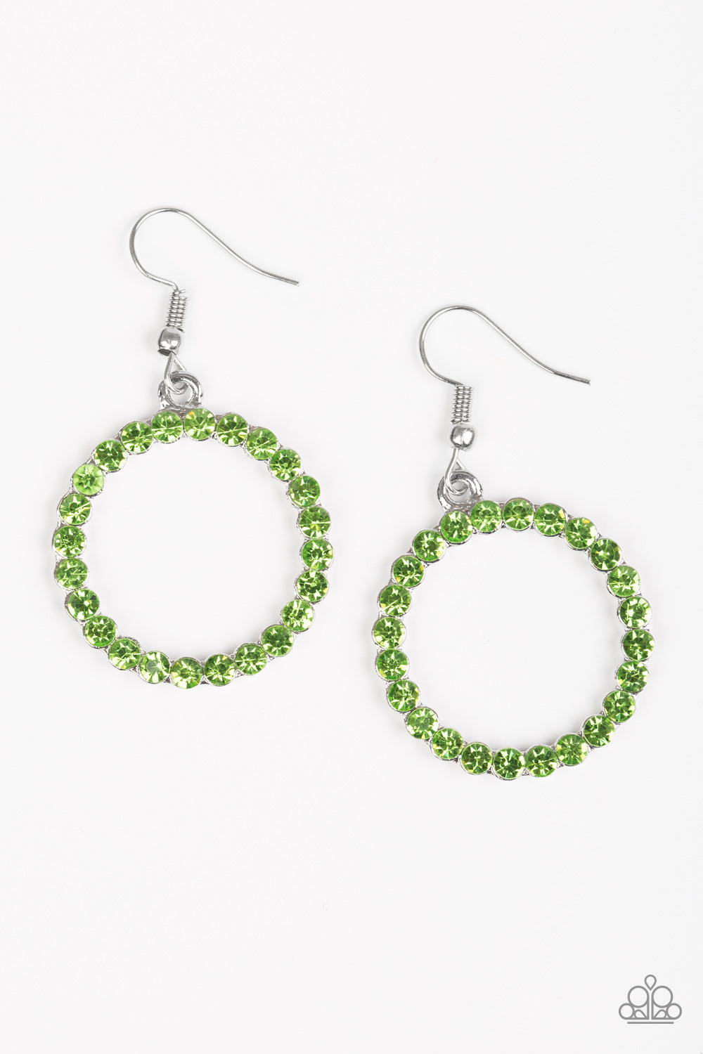 Bubblicious - Green Item #E429 Glittery green rhinestones are encrusted along a circular silver frame, creating a bubbly frame. Earring attaches to a standard fishhook fitting. All Paparazzi Accessories are lead free and nickel free! Sold as one pair of earrings.