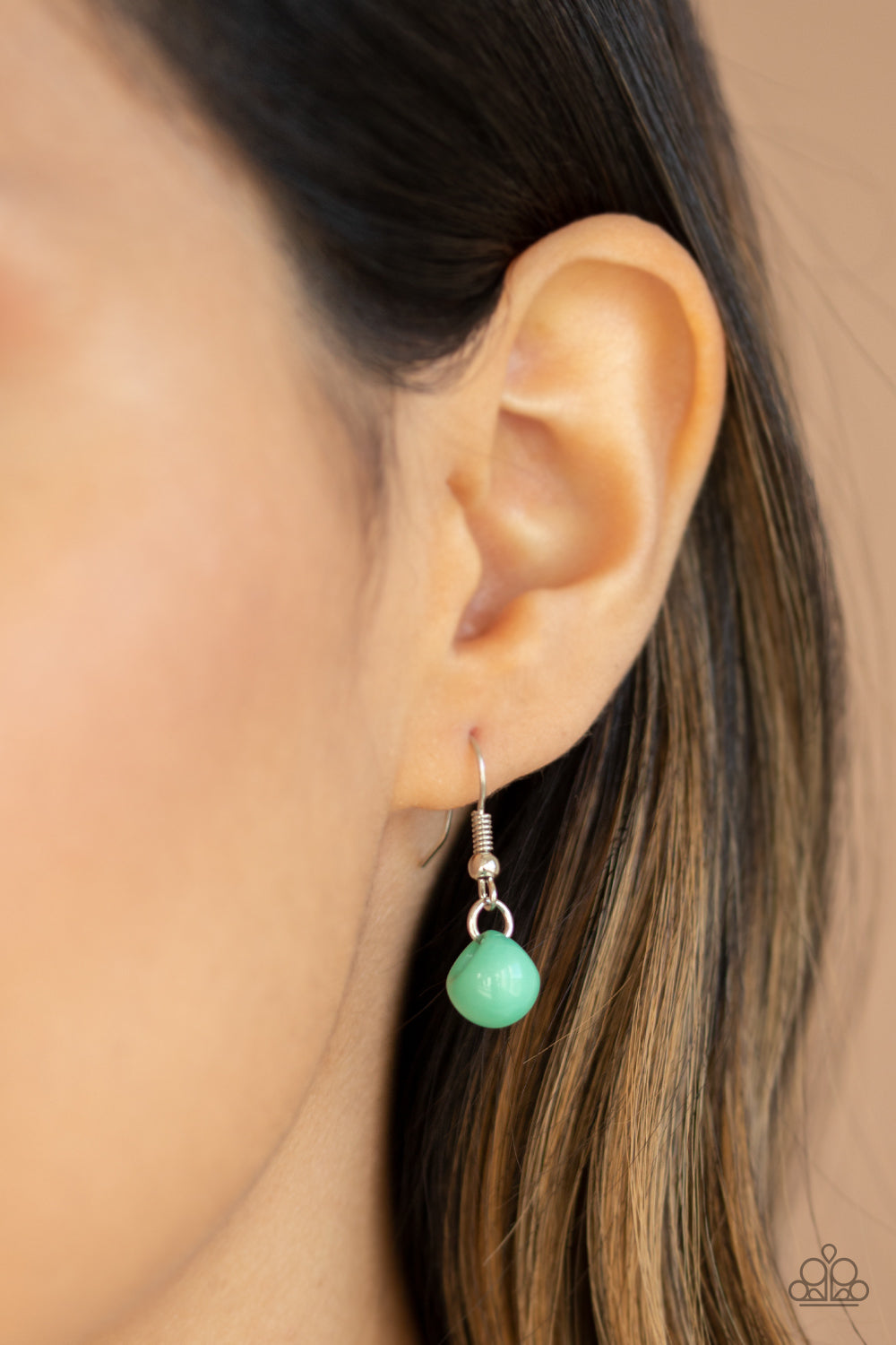 Bubbly Brilliance - Green Item #N766 A bubbly collection of imperfect silver, opaque, and Biscay Green beads are threaded along an invisible wire below the collar, creating a colorful cluster. Features an adjustable clasp closure. All Paparazzi Accessories are lead free and nickel free! Sold as one individual necklace. Includes one pair of matching earrings.