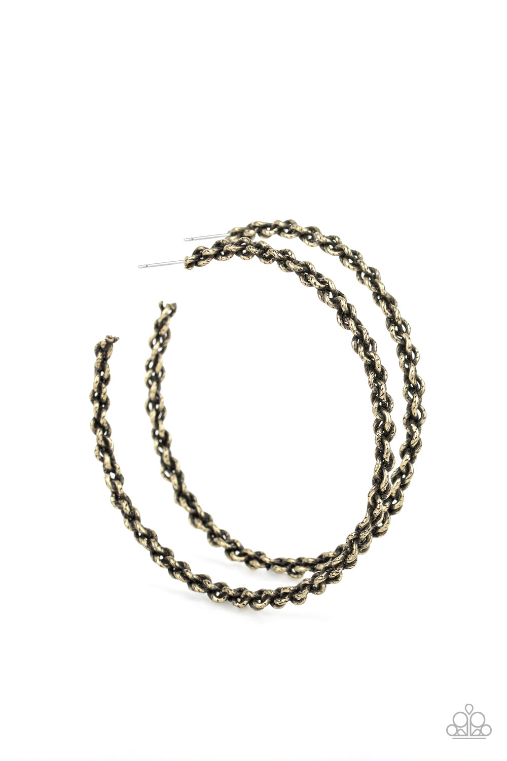 CHAINge Is Coming - Brass Item #E200 Brushed in an antiqued shimmer, glistening brass chain twists into an edgy hoop. Earring attaches to a standard post fitting. Hoop measures approximately 2 3/4" in diameter. All Paparazzi Accessories are lead free and nickel free! Sold as one pair of hoop earrings.