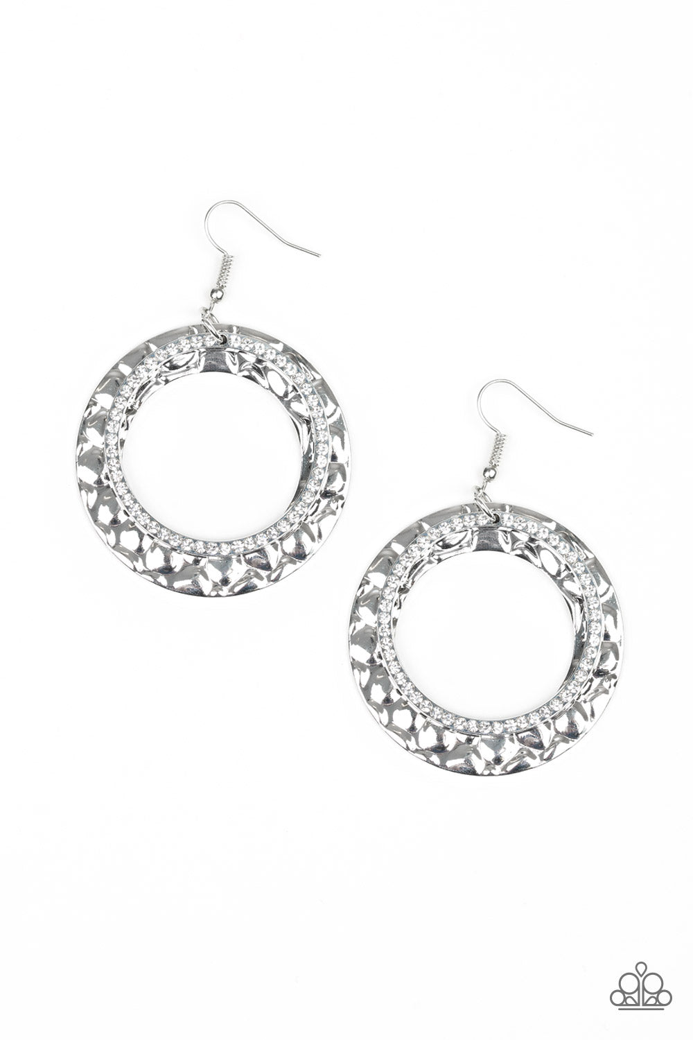 Cinematic Shimmer White Earring - Paparazzi Accessories Item #E108 Encrusted in glassy white rhinestones, a glittery silver hoop links with a thick silver hoop embossed in metallic pebble-like patterns, creating a refined lure. Earring attaches to a standard fishhook fitting. All Paparazzi Accessories are lead free and nickel free! Sold as one pair of earrings.
