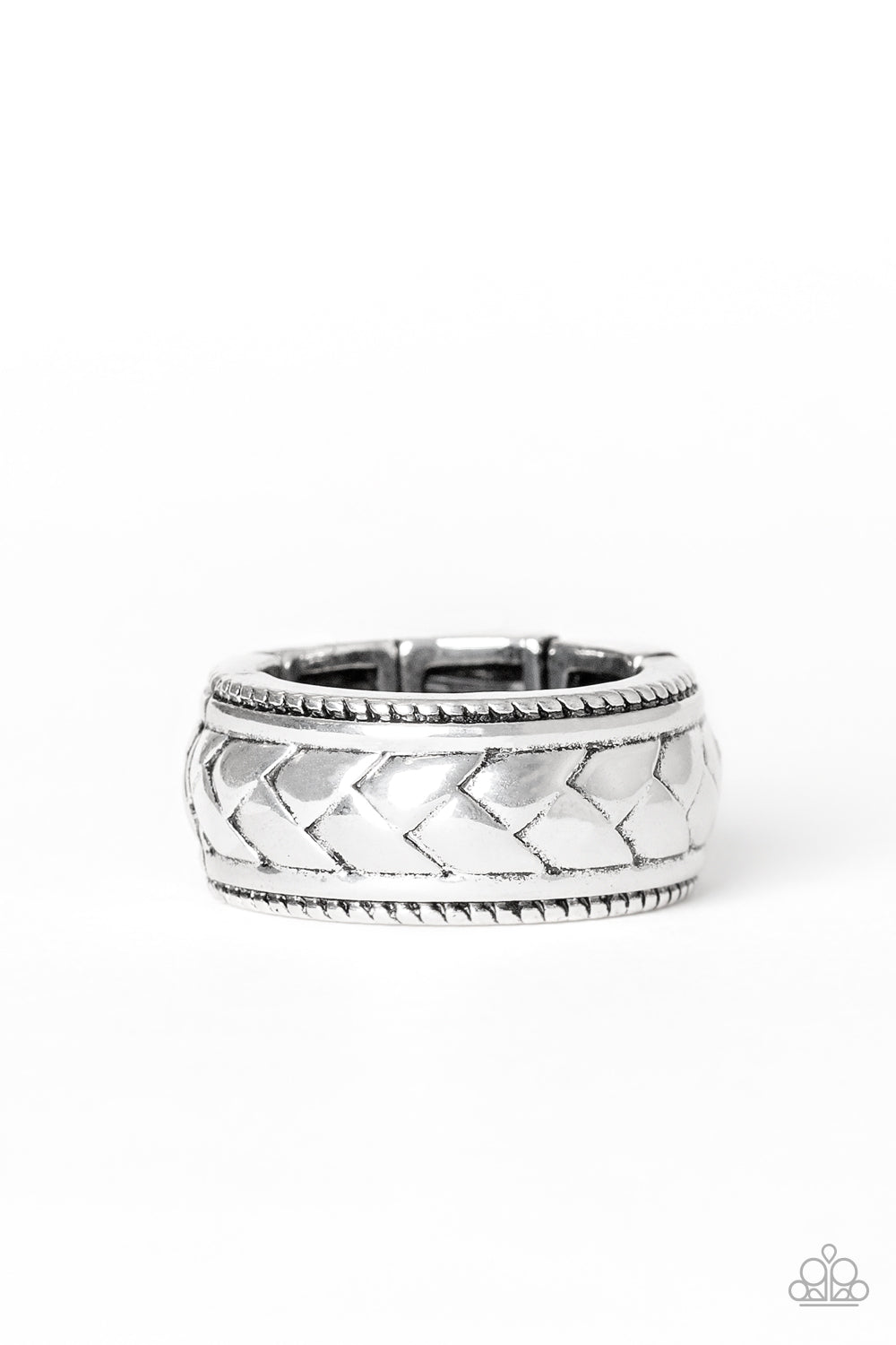Field Artillery - Silver Brushed in an antiqued finish, a chevron-like pattern is embossed across the center of a textured silver band for a casual look. Features a stretchy band for a flexible fit. Sold as one individual ring.