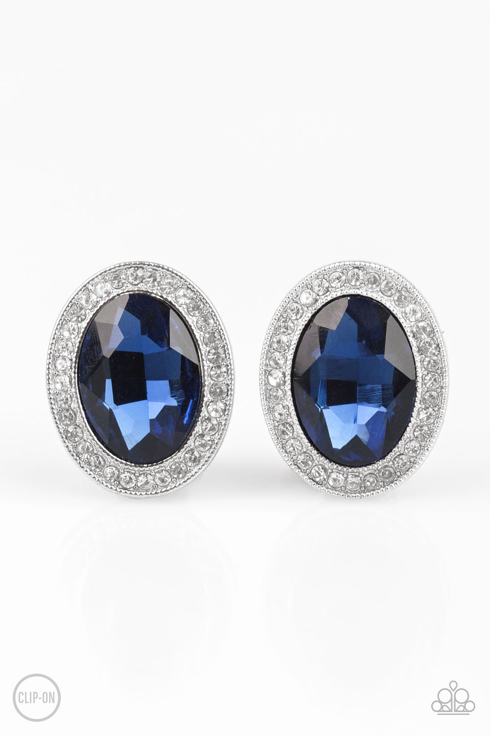 Only FAME In Town - Blue Item #E460 An oversized blue gem is pressed into the center of a silver frame radiating with glassy white rhinestones for a glamorous look. Earring attaches to a standard clip-on fitting. All Paparazzi Accessories are lead free and nickel free! Sold as one pair of clip-on earrings.