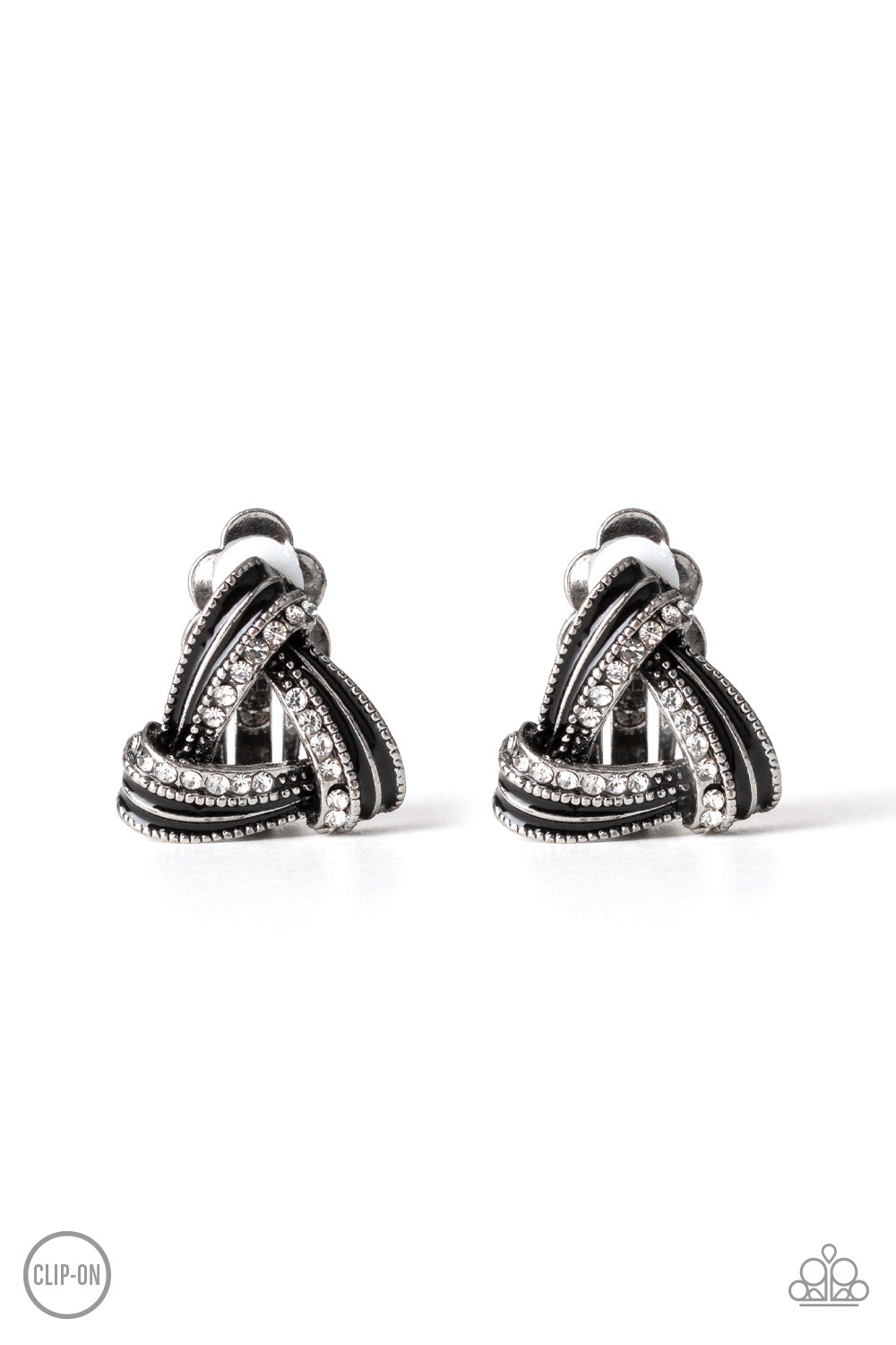 Twirling Twinkle - Black Item #E313 Brushed in a shiny black finish, white rhinestone encrusted frames overlap into a bold triangular frame for a refined flair. Earring attaches to a standard clip-on earrings. All Paparazzi Accessories are lead free and nickel free! Sold as one pair of clip-on earrings.