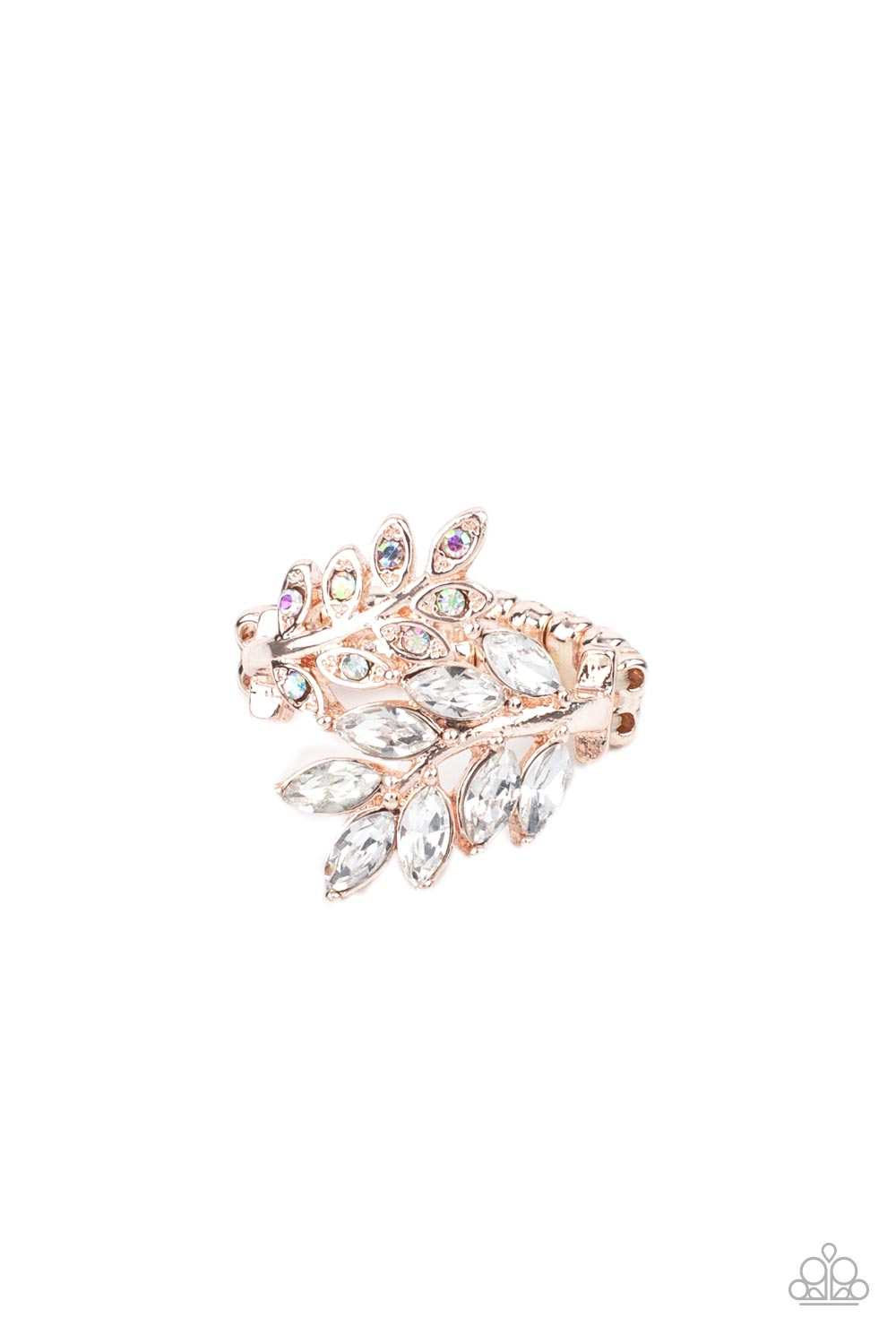 Glowing Gardenista Rose Gold Ring - Paparazzi Accessories Encrusted in glassy white and iridescent rhinestones, two leafy rose gold bands delicately overlap across the finger for a sparkly seasonal look. Features a stretchy band for a flexible fit. Featured inside The Preview at GLOW! Sold as one individual ring.