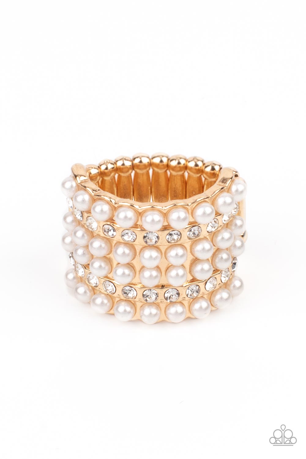 Verified Vintage Gold Ring - Paparazzi Accessories Dainty rows of bubbly pearls and glassy white rhinestones alternate across the front of a thick gold band, creating a vintage inspired statement piece. Features a stretchy band for a flexible fit. All Paparazzi Accessories are lead free and nickel free! Sold as one individual ring.