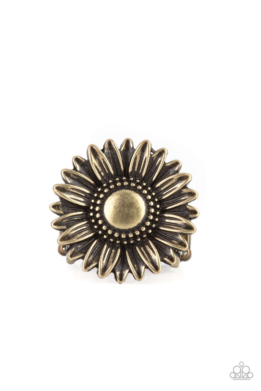Farmstead Fashion Brass Ring - Paparazzi Accessories Brushed in an antiqued finish, a rustic brass daisy blooms atop a decorative studded and embossed brass band for a simply seasonal look. Features a stretchy band for a flexible fit. Sold as one individual ring.