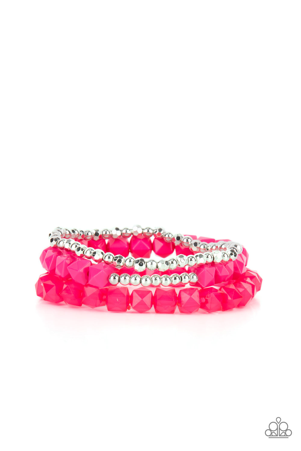 Vacay Vagabond Pink Bracelet - Paparazzi Accessories Infused with a strand of round and faceted silver beads, faceted rows of solid and opaque pink cube beads are threaded along stretchy bands, wrapping around the wrist for a vivacious pop of color. All Paparazzi Accessories are lead free and nickel free! Sold as one set of three bracelets.