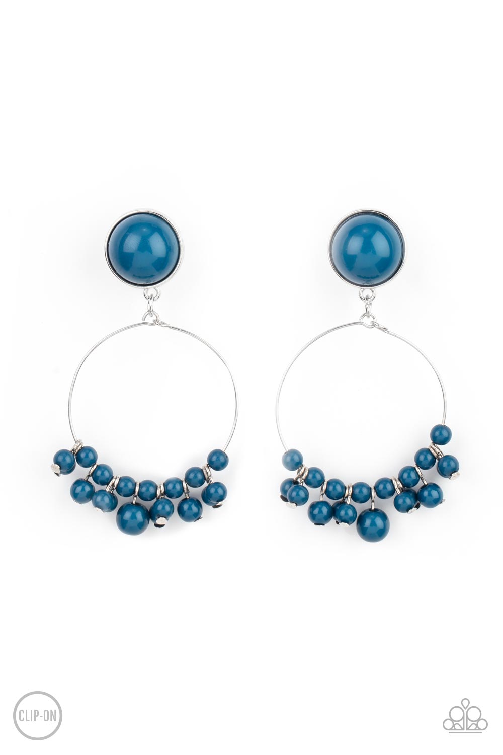 Cabaret Charm Blue Clip-On Earring - Paparazzi Accessories Shiny blue beads are threaded along a dainty wire hoop that attaches to an oversized blue beaded fitting, creating a bubbly fringe. Earring attaches to a standard clip-on fitting. Sold as one pair of clip-on earrings.
