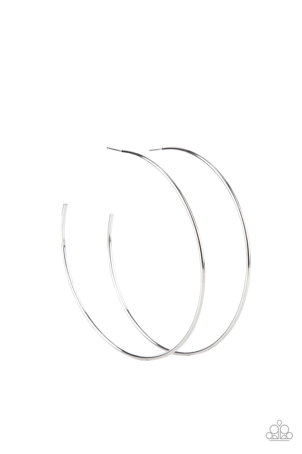 Colossal Couture Silver Hoop Earring - Paparazzi Accessories A classic silver bar curls into an outrageously oversized hoop for a trendsetting look. Earring attaches to a standard post fitting. Hoop measures approximately 4" in diameter. Sold as one pair of hoop earrings. P5HO-SVXX-273XX