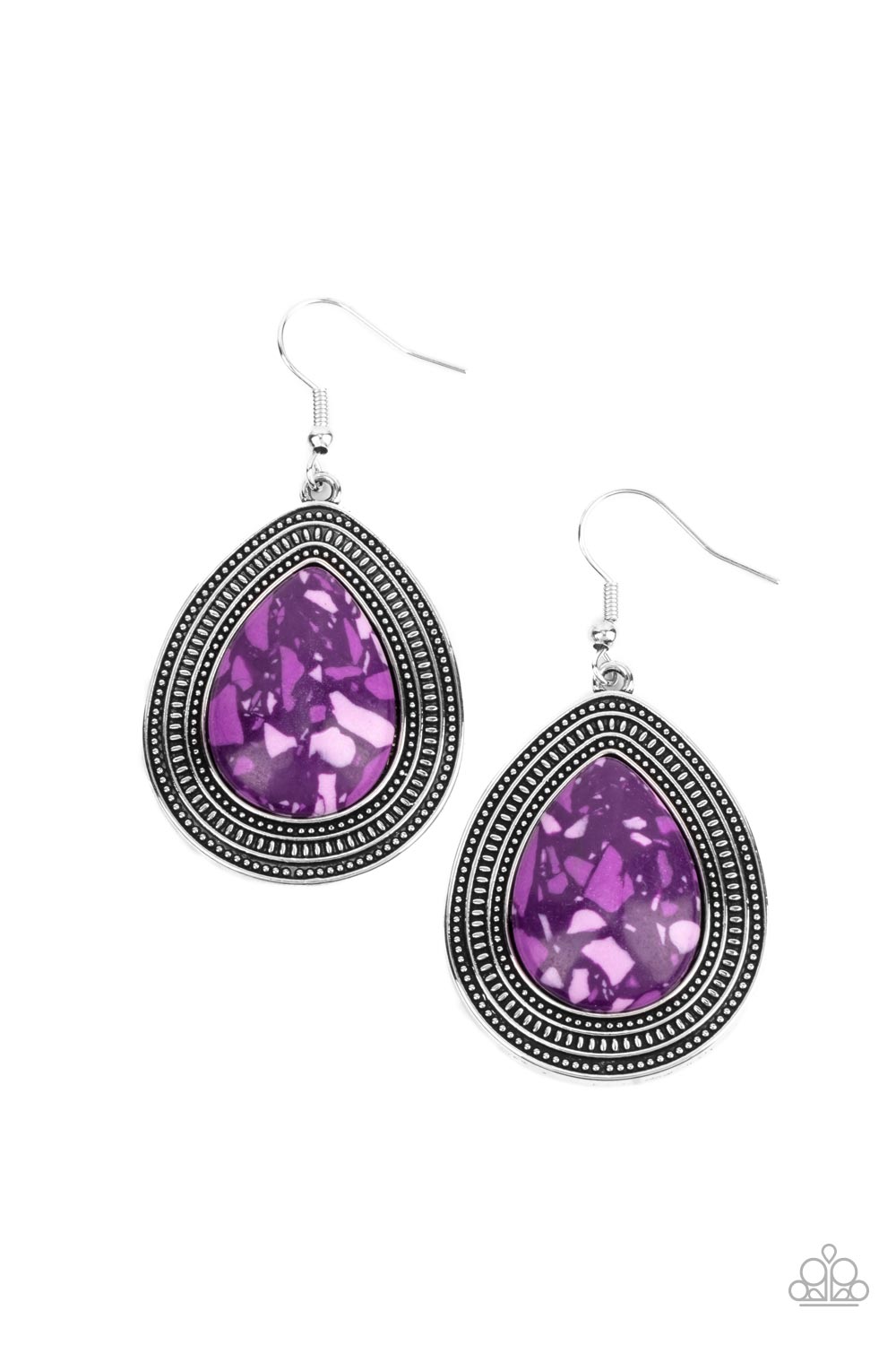 Terrazzo Tundra Purple Earring - Paparazzi Accessories Featuring a colorful terrazzo pattern, a purple teardrop stone is pressed into the center of a silver frame studded and embossed in borders of tribal inspired textures. Earring attaches to a standard fishhook fitting. Sold as one pair of earrings.