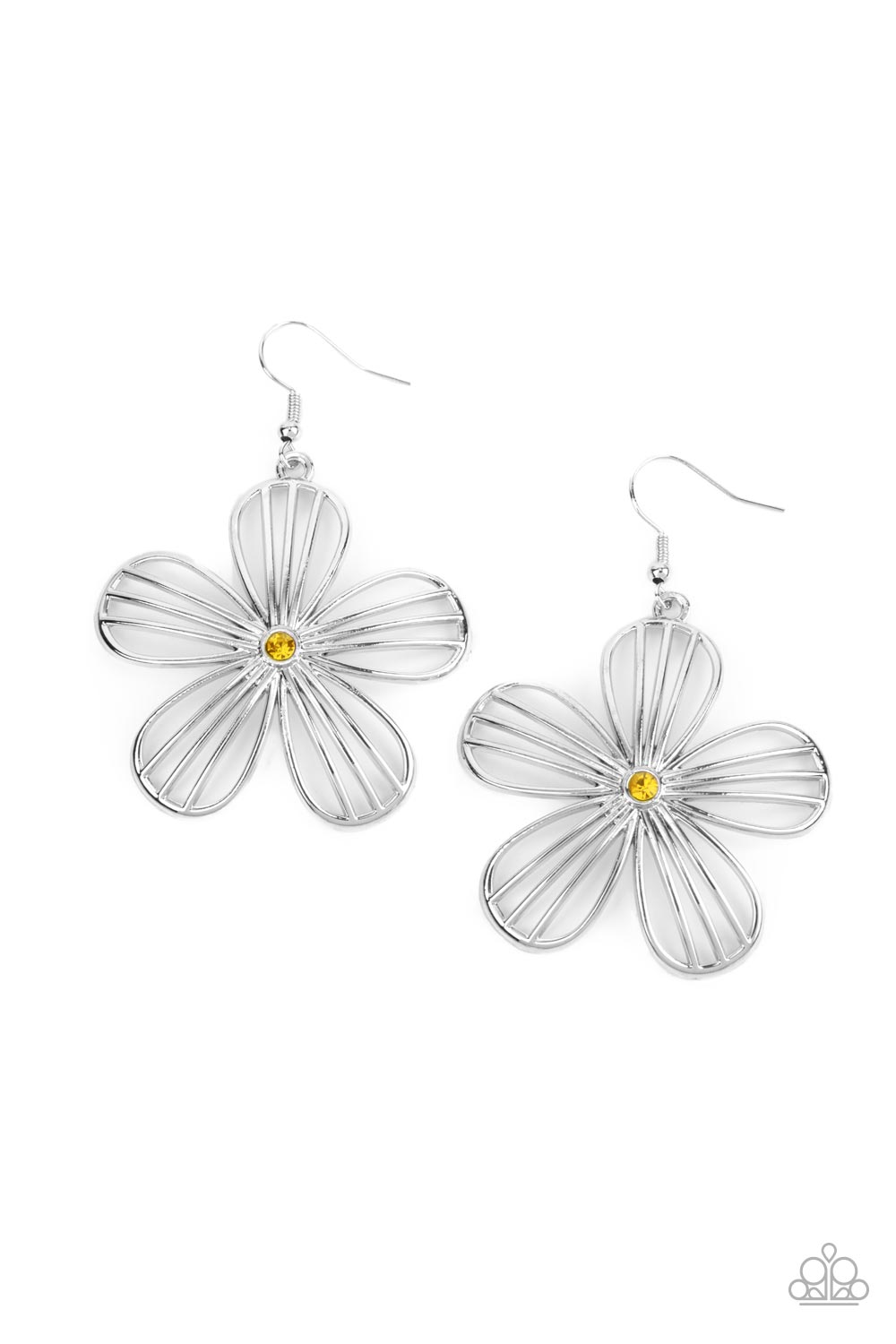 Meadow Musical Yellow Earring - Paparazzi Accessories Dotted with a dainty yellow rhinestone, airy silver petals streaked with linear bars bloom into an enchanting floral frame. Earring attaches to a standard fishhook fitting. Sold as one pair of earrings.