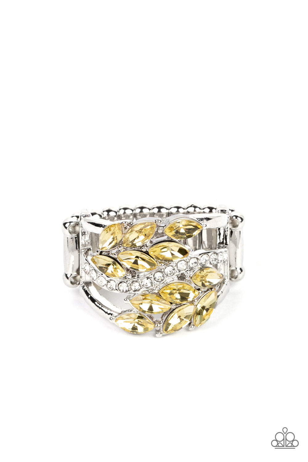 Luminously Leafy Yellow Ring - Paparazzi Accessories Item #P4RE-YWXX-076XX Clusters of yellow marquise-cut crystals flank a wavy band of dainty white rhinestones atop the finger. The yellow crystals fall into a leafy pattern, adding a touch of earthy elegance to the luminously layered look. Features a stretchy band for a flexible fit. Sold as one individual ring.