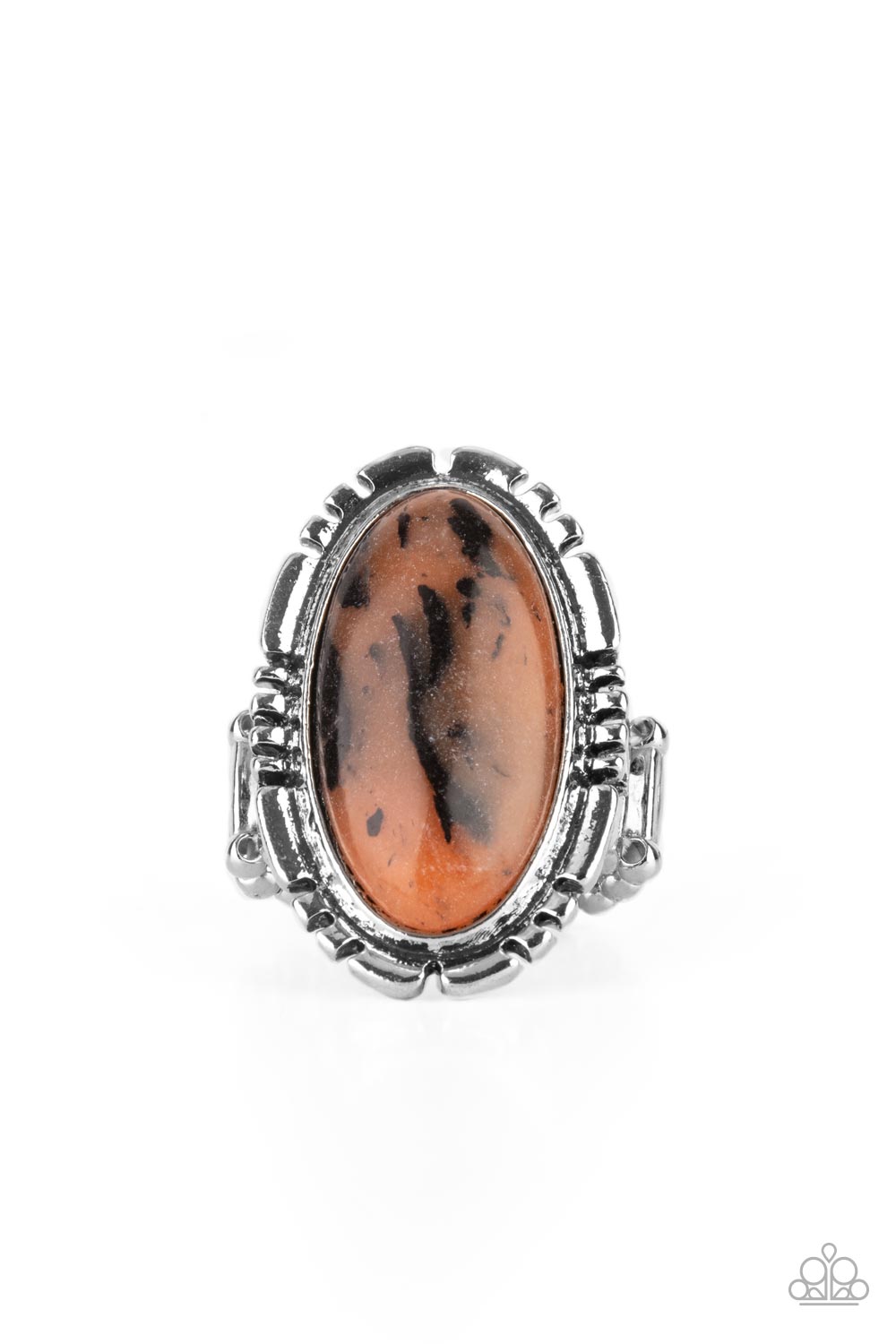 Peacefully Pioneer Brown Ring - Paparazzi Accessories An earthy brown oval stone is pressed into the center of a textured silver frame, creating an abstract artisanal display atop the finger. Features a stretchy band for a flexible fit. Sold as one individual ring.